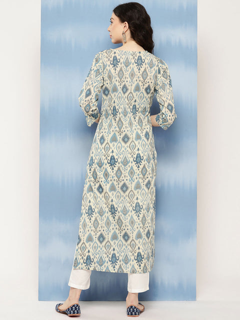 Women Blue Ethnic Printed Straight Kurta with Three Quarter Sleeves