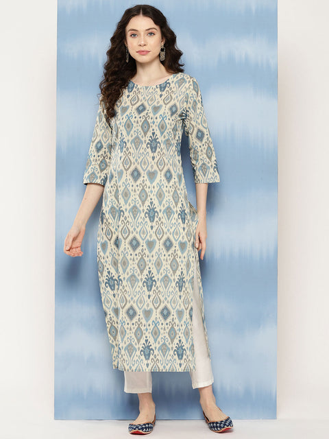 Women Blue Ethnic Printed Straight Kurta with Three Quarter Sleeves