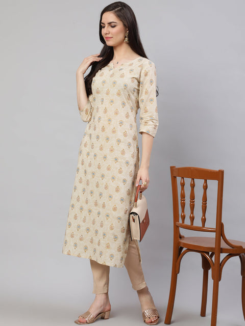 Women Cream Ethnic Printed Straight Kurta with Three Quarter Sleeves