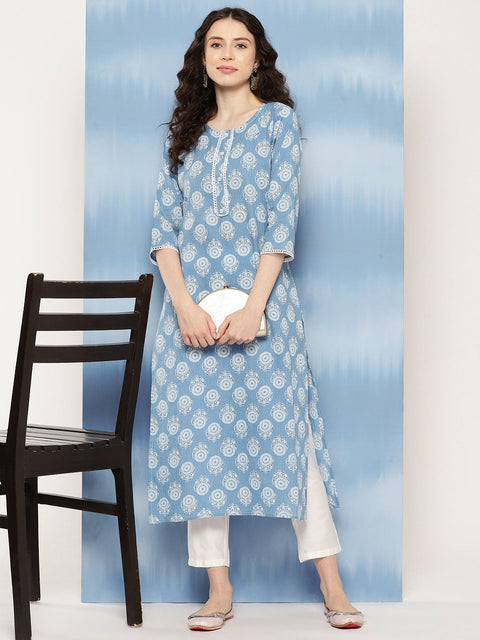 Women Blue Ethnic Printed Straight Kurta With Three Quarter Sleeves