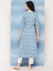 Women Blue Ethnic Printed Straight Kurta With Three Quarter Sleeves
