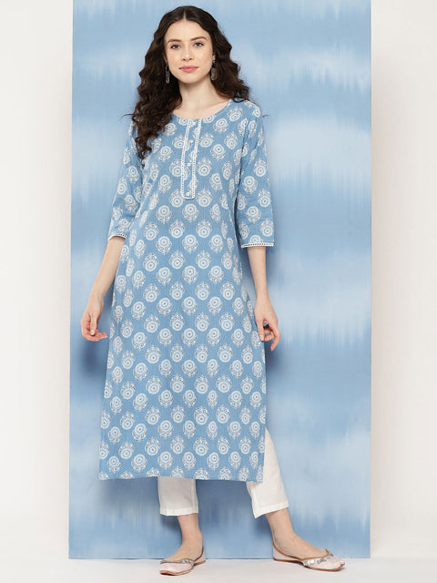 Women Blue Ethnic Printed Straight Kurta With Three Quarter Sleeves