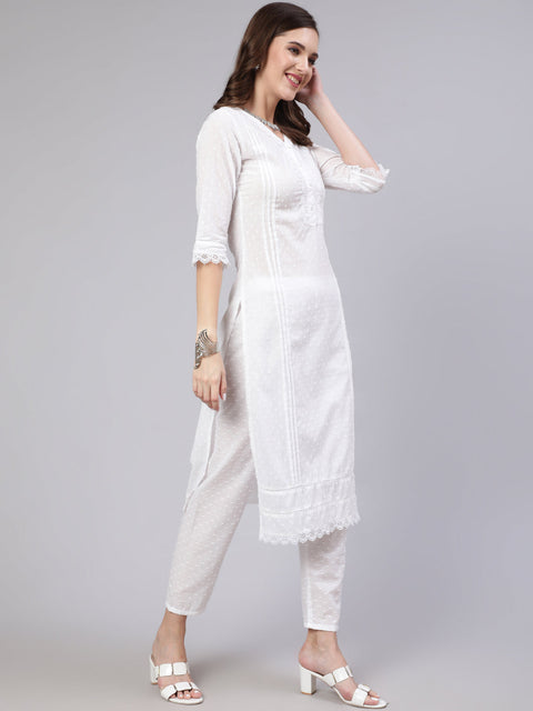 Women White Lace details Straight Kurta With Trouser And Net Dupatta