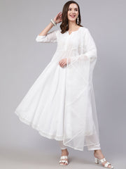 Women White Lace details Flared Kurta With Trouser And Dupatta