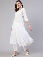 Women White Lace details Flared Kurta With Trouser And Dupatta