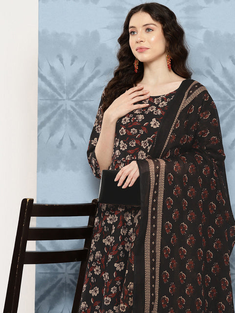 Women Black Floral Printed Flared Kurta With Trouser And Dupatta