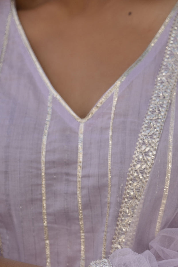 Women Lavender Embroidered Flared Dress With Scalloped Dupatta