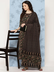 Women Black Floral Printed Straight Kurta With Trouser And Dupatta