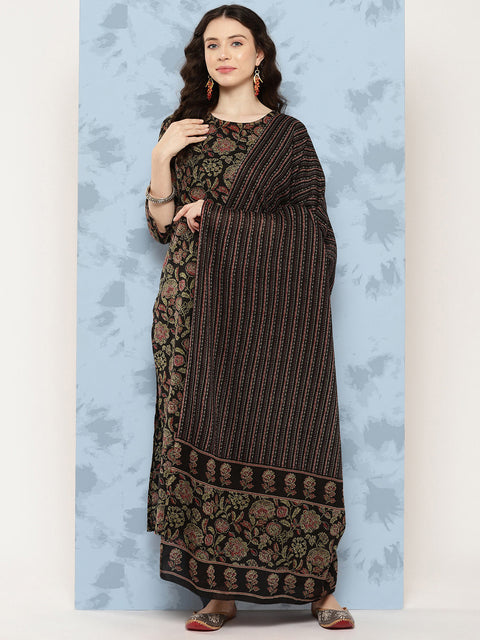 Women Black Floral Printed Straight Kurta With Trouser And Dupatta