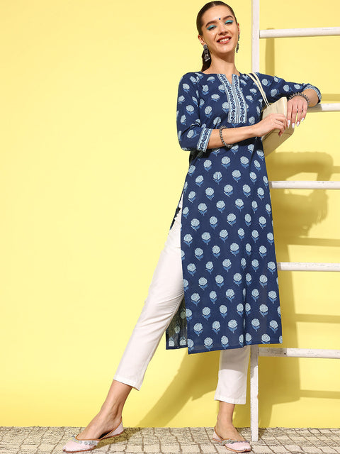 Women Blue Ethnic Printed Straight Kurta With Three Quarter Sleeves