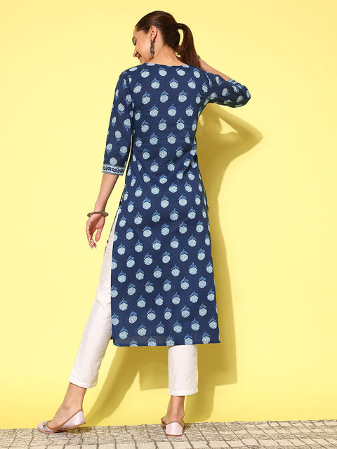 Women Blue Ethnic Printed Straight Kurta With Three Quarter Sleeves