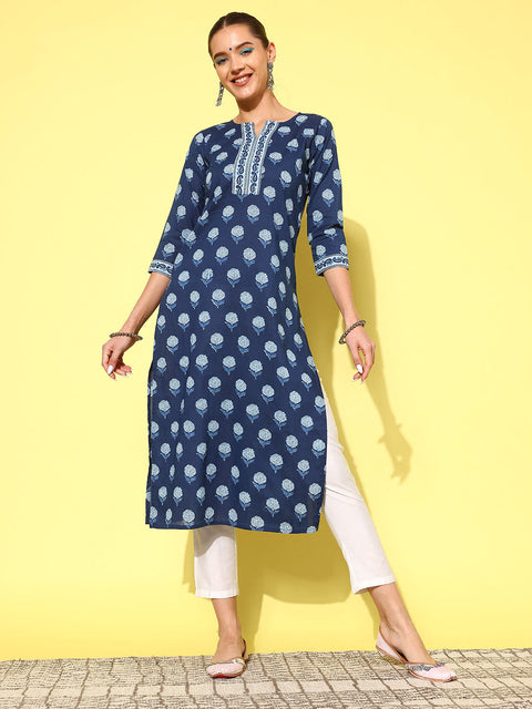 Women Blue Ethnic Printed Straight Kurta With Three Quarter Sleeves