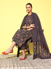 Women Blue Ethnic Printed Straight Kurta With Palazzo And Dupatta