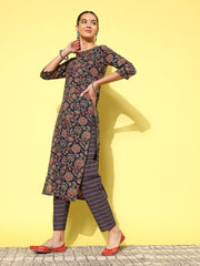 Women Blue Ethnic Printed Straight Kurta With Palazzo And Dupatta