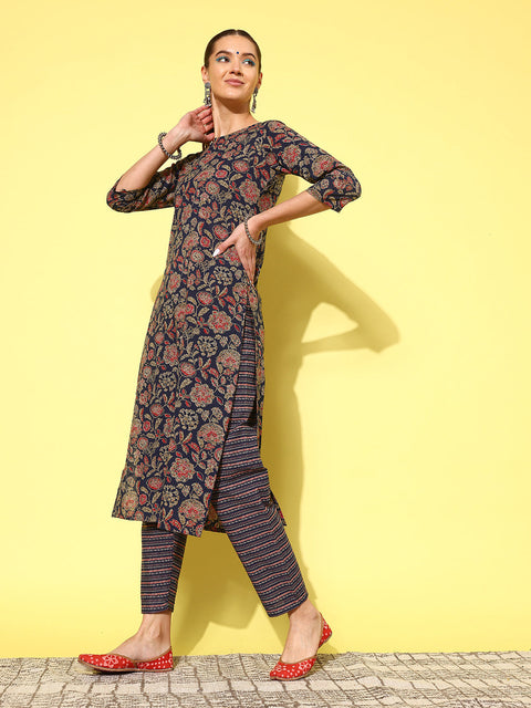 Women Blue Ethnic Printed Straight Kurta With Palazzo And Dupatta