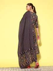 Women Blue Ethnic Printed Straight Kurta With Palazzo And Dupatta