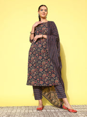 Women Blue Ethnic Printed Straight Kurta With Palazzo And Dupatta