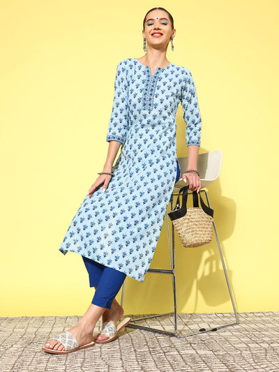 Women Blue Ethnic Printed Straight Kurta With Three Quarter Sleeves