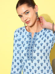 Women Blue Ethnic Printed Straight Kurta With Three Quarter Sleeves