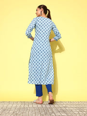 Women Blue Ethnic Printed Straight Kurta With Three Quarter Sleeves