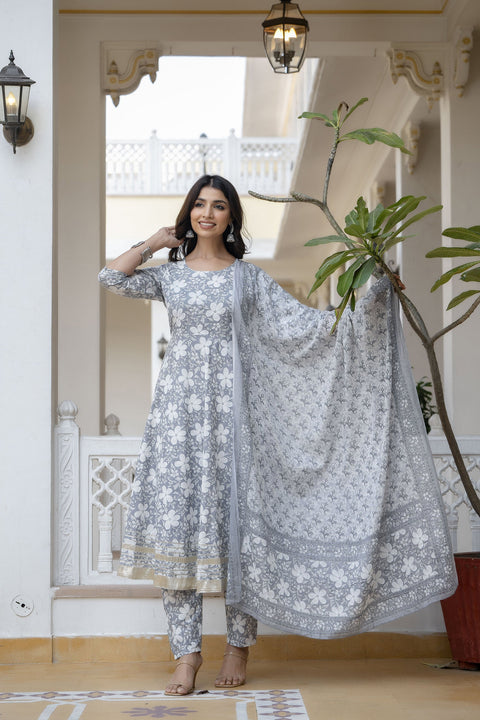 Women Grey Ethnic Printed Anarkali Kurta With Trouser And Dupatta