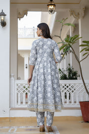 Women Grey Ethnic Printed Anarkali Kurta With Trouser And Dupatta