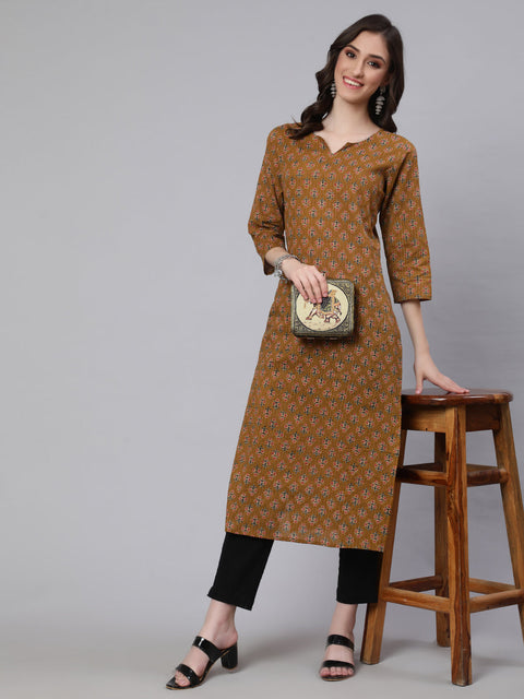 Women Yellow Printed straight Kurta With three qurter sleeves