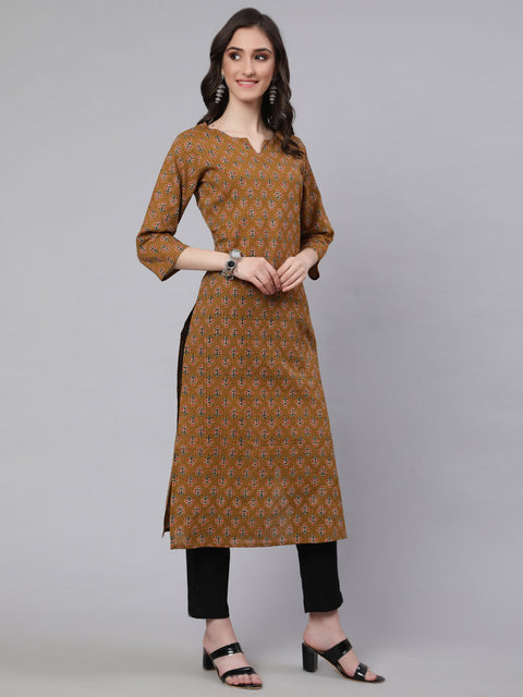 Women Yellow Printed straight Kurta With three qurter sleeves