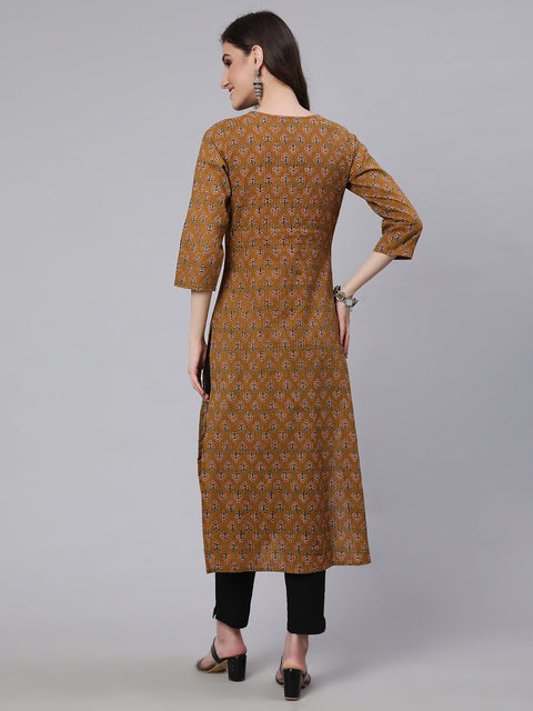 Women Yellow Printed straight Kurta With three qurter sleeves