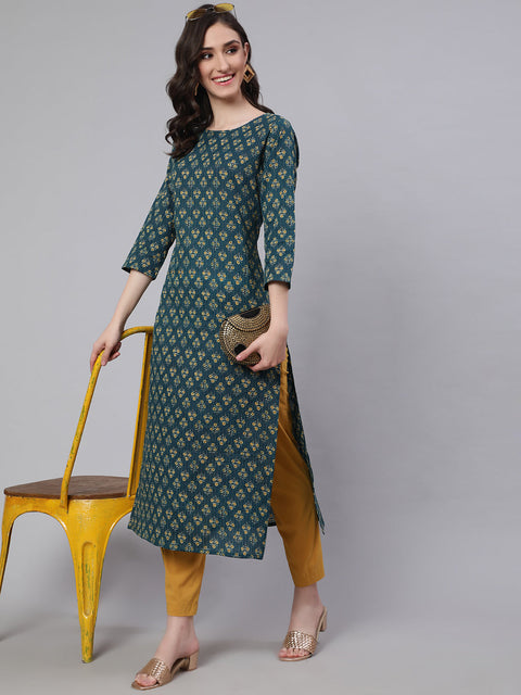 Women Teal Blue Printed straight Kurta With three qurter sleeves