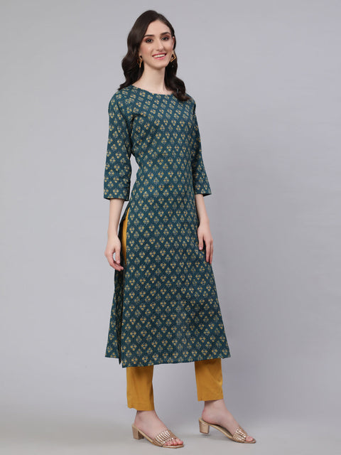 Women Teal Blue Printed straight Kurta With three qurter sleeves