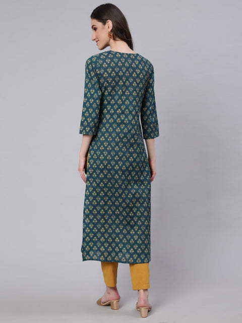 Women Teal Blue Printed straight Kurta With three qurter sleeves