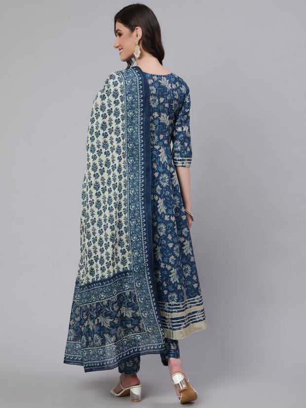 Women Blue Ethnic Printed Anarkali Kurta With Trouser And Dupatta
