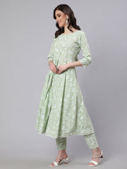Women Green Floral Printed Anarkali Kurta With Trouser And Dupatta