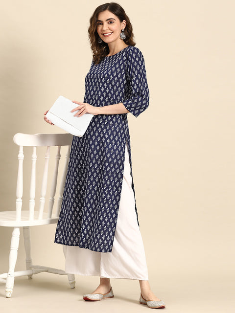 Women Blue Ethnic Printed Straight Kurta with Three Quarter Sleeves