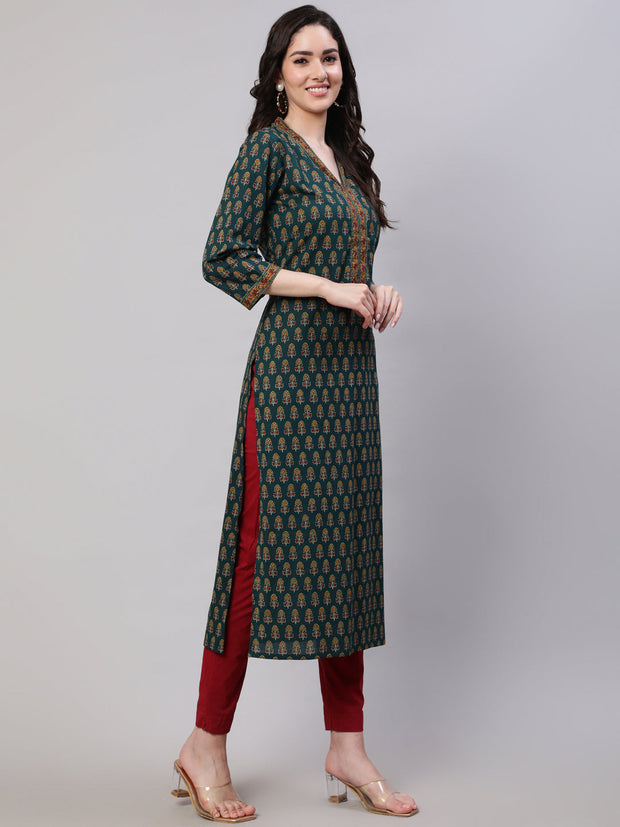 Women Green Ethnic Printed Straight Kurta With Three Quarter Sleeves