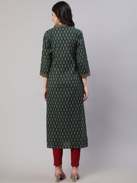 Women Green Ethnic Printed Straight Kurta With Three Quarter Sleeves