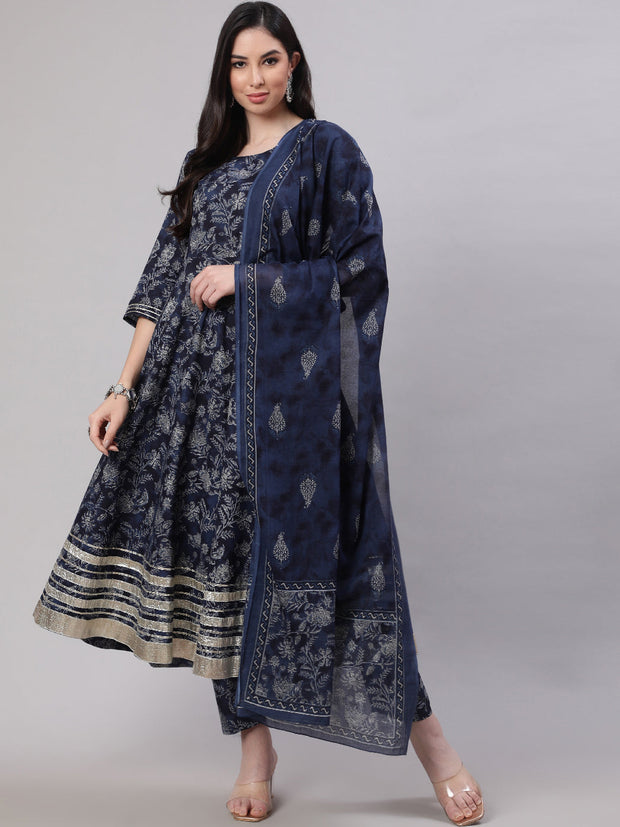 Women Blue Floral Printed Anarkali Kurta With Trouser And Dupatta