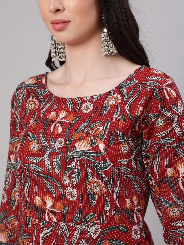 Women Maroon Floral Printed Flared Kurta With Trouser And Dupatta