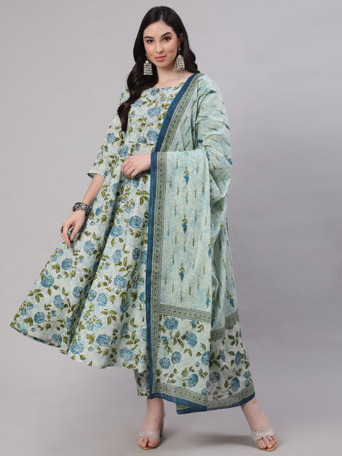 Women Grey Floral Printed Flared Kurta With Trouser And Dupatta