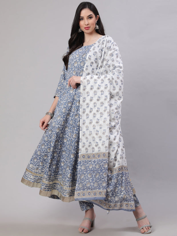 Women Grey Floral Printed Flared Kurta With Trouser And Dupatta