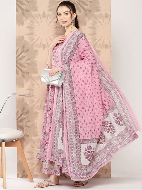 Women Pink Floral Printed Anarkali Kurta With Trouser And Dupatta