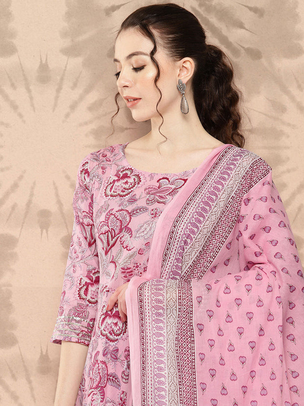 Women Pink Floral Printed Anarkali Kurta With Trouser And Dupatta