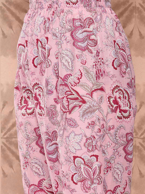 Women Pink Floral Printed Anarkali Kurta With Trouser And Dupatta