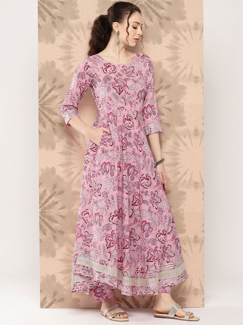 Women Pink Floral Printed Anarkali Kurta With Trouser And Dupatta