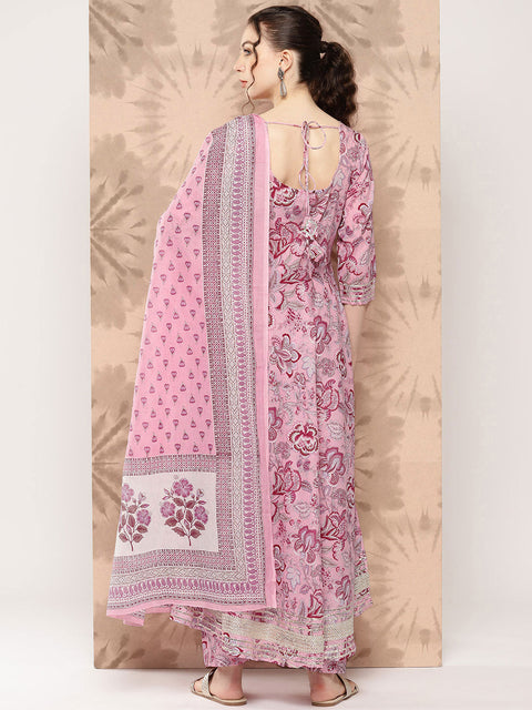 Women Pink Floral Printed Anarkali Kurta With Trouser And Dupatta