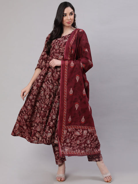 Women Burgundy Floral Printed Flared Kurta With Trouser And Dupatta