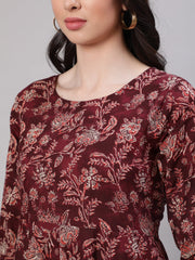 Women Burgundy Floral Printed Flared Kurta With Trouser And Dupatta