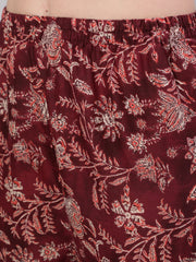 Women Burgundy Floral Printed Flared Kurta With Trouser And Dupatta