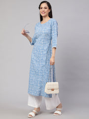 Women Blue Ethnic Printed Straight Kurta with Three Quarter Sleeves